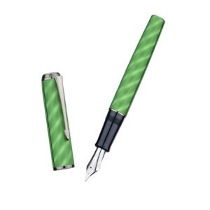 Fountain Pen Large No.8 Extra Fine Point Ebonite Feed, Green Moire Pattern Unique Design with Refillable Converter and Metal Case