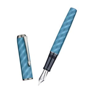 Fountain Pen Large No.8 Extra Fine Point Ebonite Feed, Blue Moire Pattern Unique Design with Refillable Converter and Metal Case